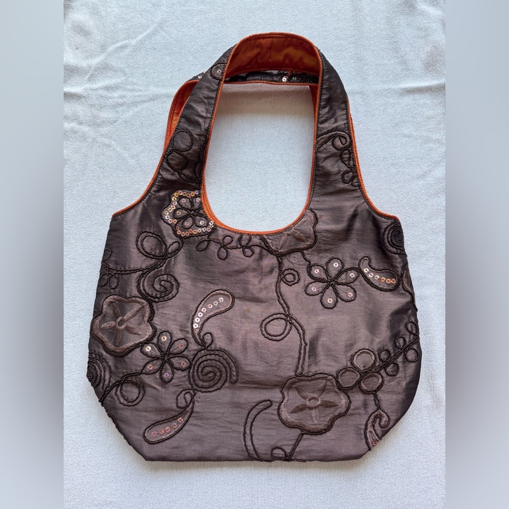 Embroidered Floral Satin Tote Bag in Brown with Orange Trim